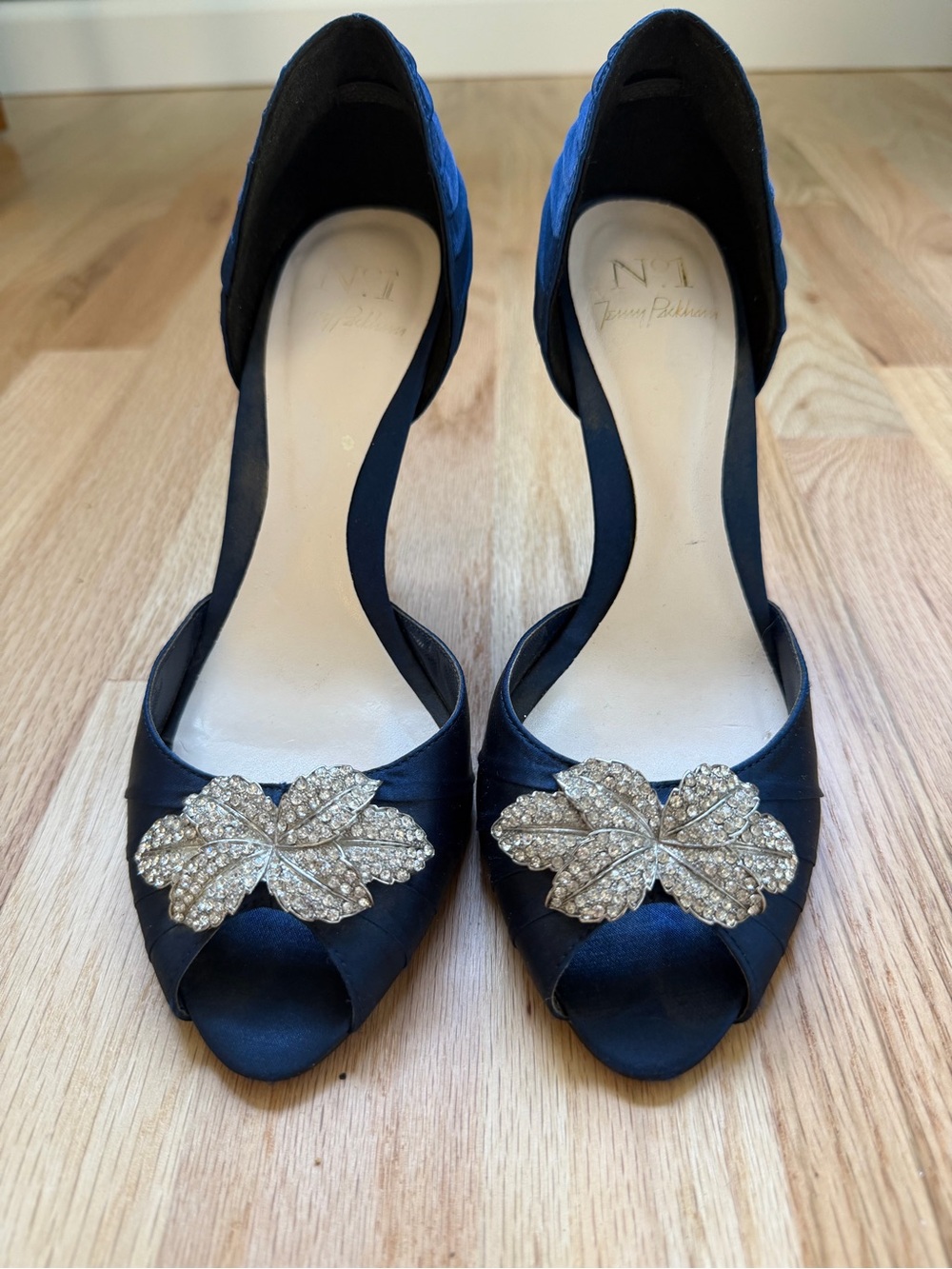 Jenny Packham Satin Peep-Toe Heels with Crystal Leaf Accent - Navy